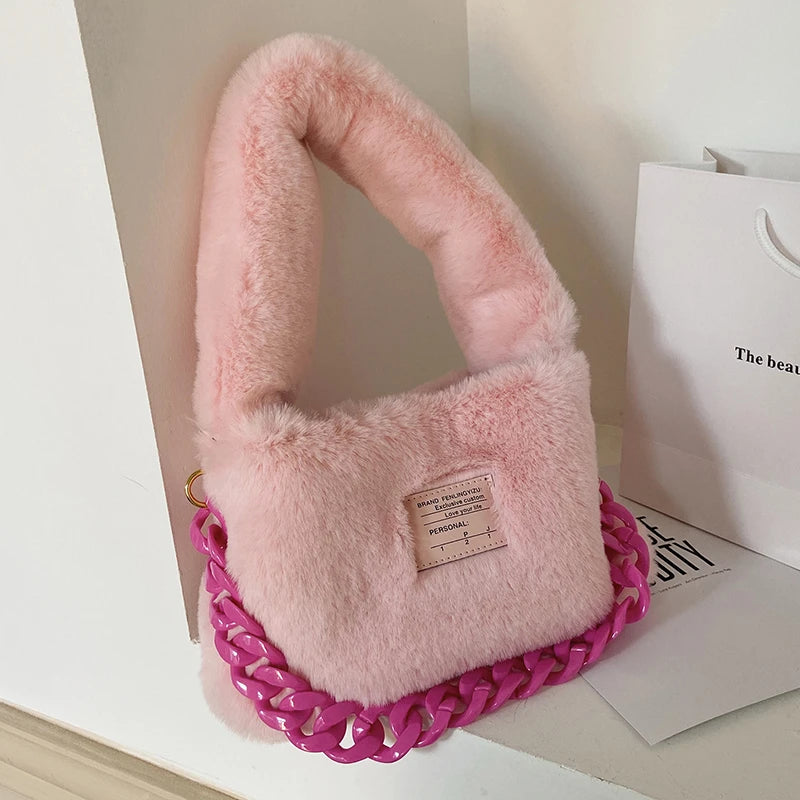 Soft Plush Shoulder Bags Women 2022 Winter Luxury Designer Handbag Thick Chain Fluffy Hand Warmers