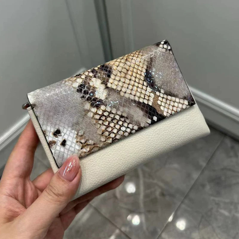 Snake Pattern Genuine Cowhide Leather Trifold Wallet for Women