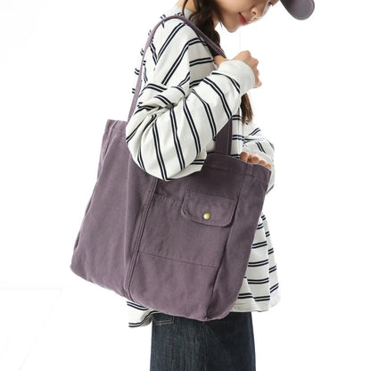 Large Canvas Tote Bag – Multi-Pocket Shoulder Bag for School & Travel