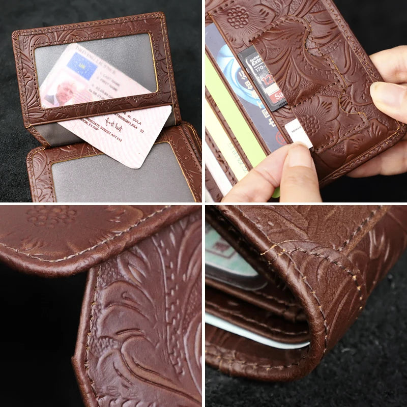 RFID Genuine Leather Men's Short Wallet – Floral Embossed Bifold