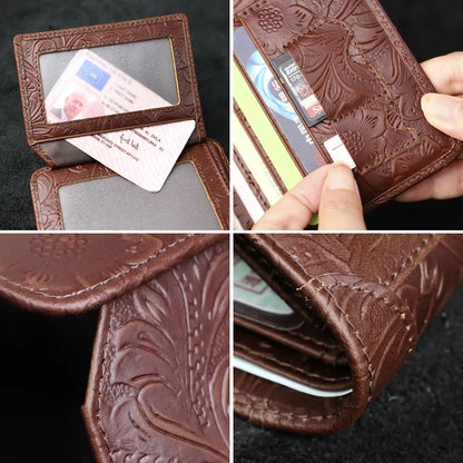 RFID Genuine Leather Men's Short Wallet – Floral Embossed Bifold
