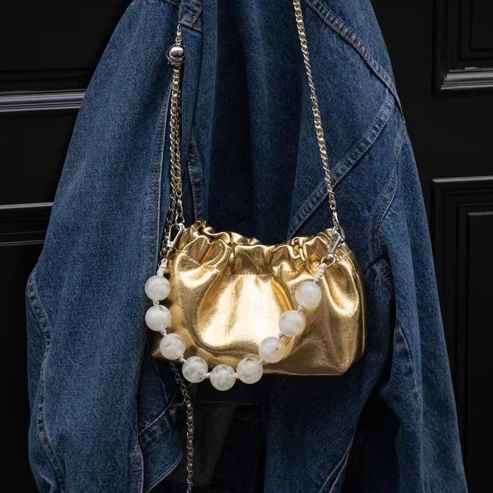 Crossbody Bag Oil Waxed Cowhide Leather with Pearl Handle & Chain Strap