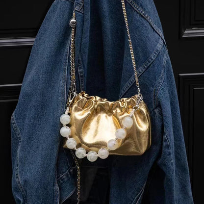 Crossbody Bag Oil Waxed Cowhide Leather with Pearl Handle & Chain Strap