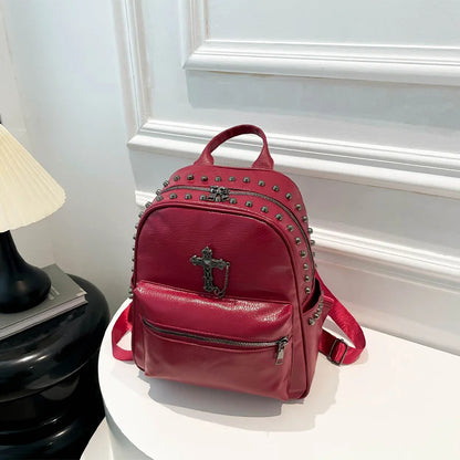 Rivet Cross Leather Backpack Large Capacity Commuter Bag