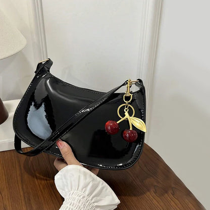 PU Leather Shoulder Bag with Cherry Pendant for Women