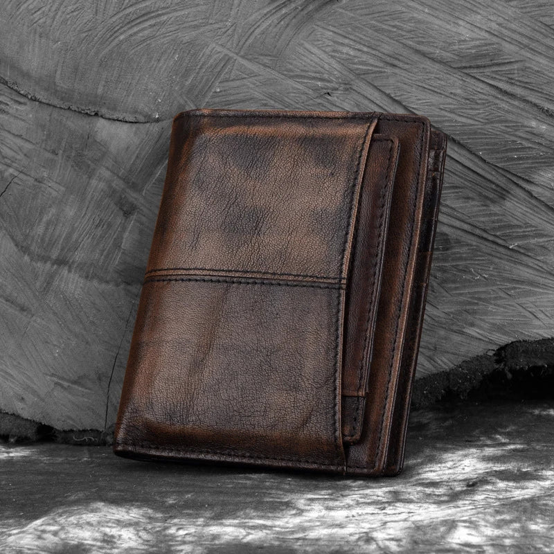 Men's Genuine Leather Slim Trifold Wallet – Retro Western Style Card Holder