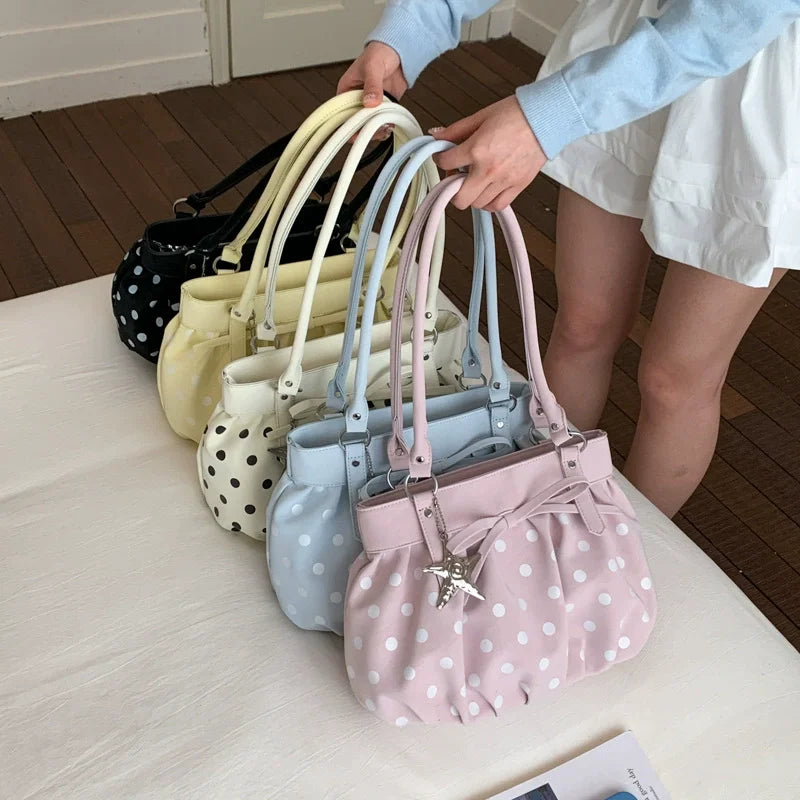 Polka Dot Ruched Shoulder Bag Star Pendant Women Bow Decor Large Capacity Hobo Retro Versatile