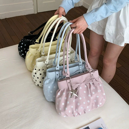Polka Dot Ruched Shoulder Bag Star Pendant Women Bow Decor Large Capacity Hobo Retro Versatile
