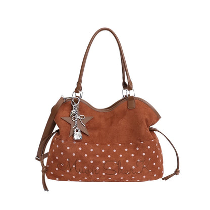 Vintage Polka Dot Tote Bag with Charm – Large Capacity