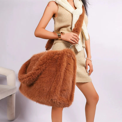 Winter Women S Furry Tote Handbags Large Capacity Commuter Ladies Faux Fur Shoulder Bag Soft Plush