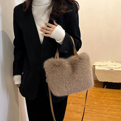 Faux Fur Plush Tote Bag – Soft Fluffy Women's Handbag