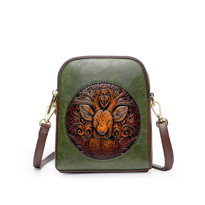 Vintage Deer Head Embossed Leather Crossbody Bag – Mini Multi-Pocket Purse
