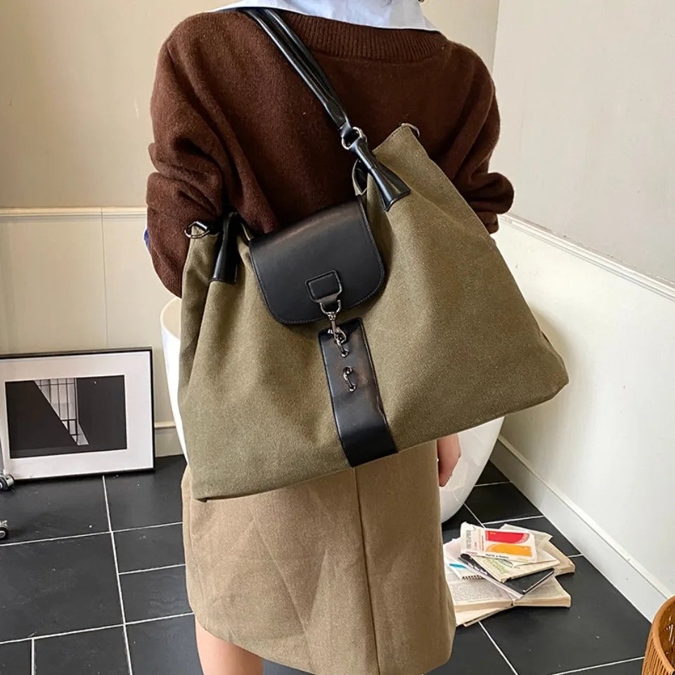 Canvas & PU Leather Tote Bag – Large Capacity Work & Travel Handbag