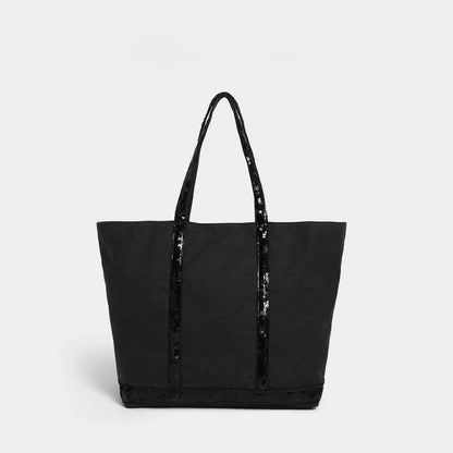 French Sequined Tote Bag Women Luxury Large Bucket Vintage Casual Woven Commuter Canvas Shopper