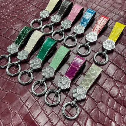 Genuine Crocodile Leather Cat Paw Rhinestone Keychain