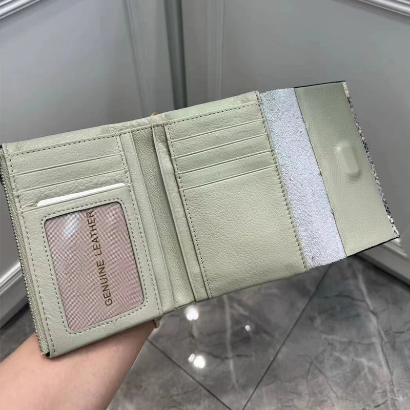 Snake Pattern Genuine Cowhide Leather Trifold Wallet for Women