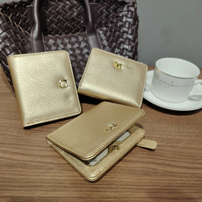 Gold Genuine Leather Women's Short Wallet with Animal Button Clasp