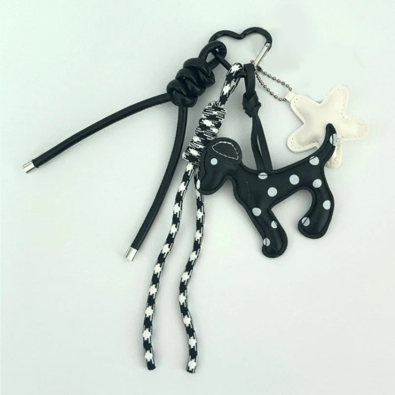 Dalmatian Leather Keychain Bag Charm with Braided Rope Tassel
