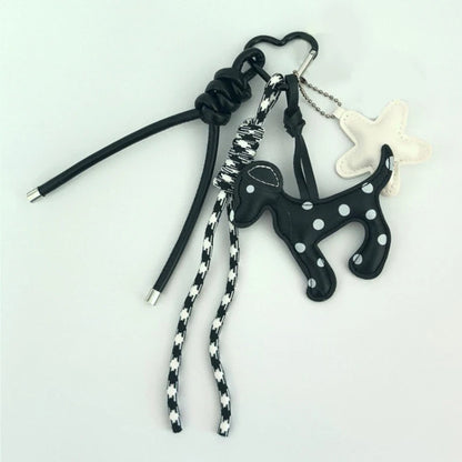 Dalmatian Leather Keychain Bag Charm with Braided Rope Tassel