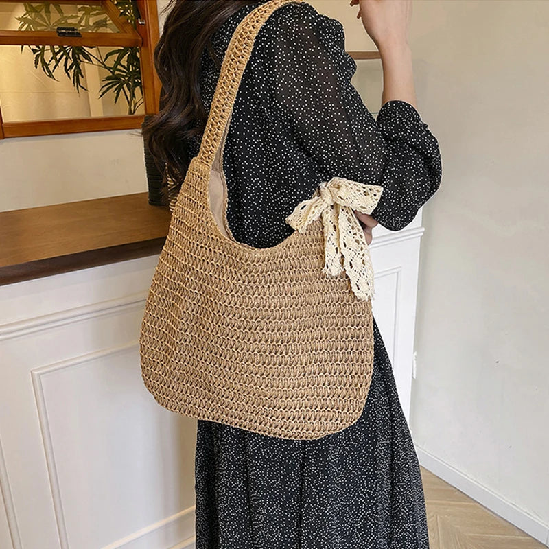 Paper Straw Woven Hobo Bag – Large Capacity Shoulder Tote for Women