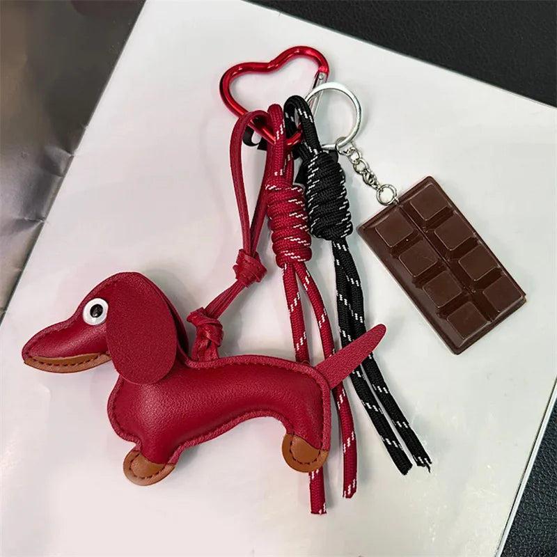 Dachshund Leather Bag Charm Keychain with Tassel & Pearl Bow
