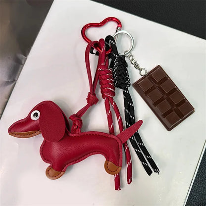 Dachshund Leather Bag Charm Keychain with Tassel & Pearl Bow