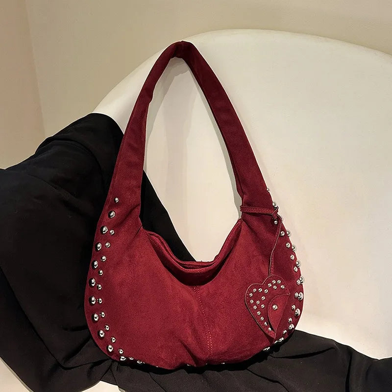 Rivet Studded Hobo Shoulder Bag – Women's Half Moon Tote
