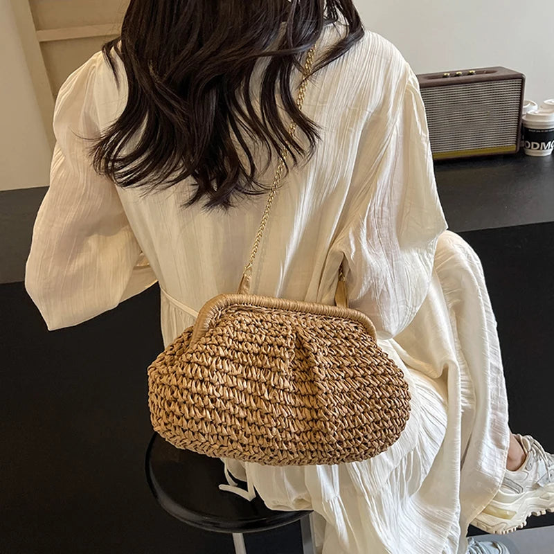 Straw Woven Cloud Bag – Gold Chain Shoulder Purse for Women