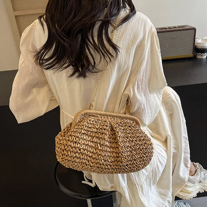 Straw Woven Cloud Bag – Gold Chain Shoulder Purse for Women