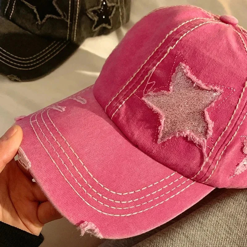 Retro Y2K Star Washed Denim Baseball Cap – Snapback Hat for Men & Women