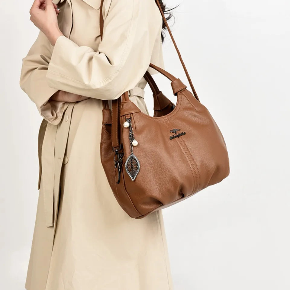 Lychee Leather Hobo Handbag – 3-Layer Shoulder & Crossbody Bag with Leaf Pendant