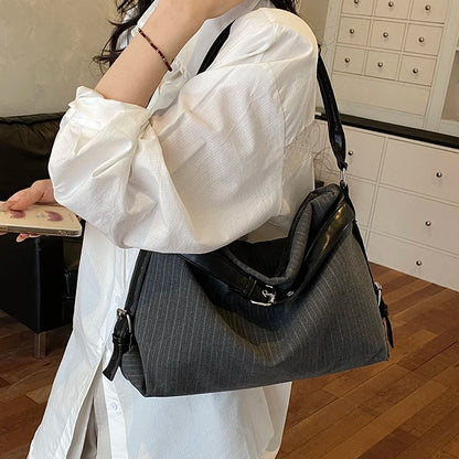 Moods Business Style Shoulder Cross Body Hobo Bags Women Cotton Fabric Striped Large Capacity