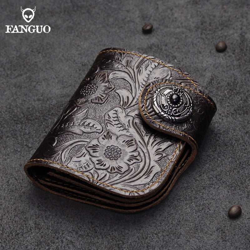 Genuine Leather Men's Short Wallet – Floral Embossed Bifold with Coin Purse