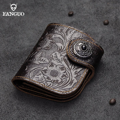 Genuine Leather Men's Short Wallet – Floral Embossed Bifold with Coin Purse