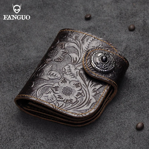 Genuine Leather Men's Short Wallet – Floral Embossed Bifold with Coin Purse