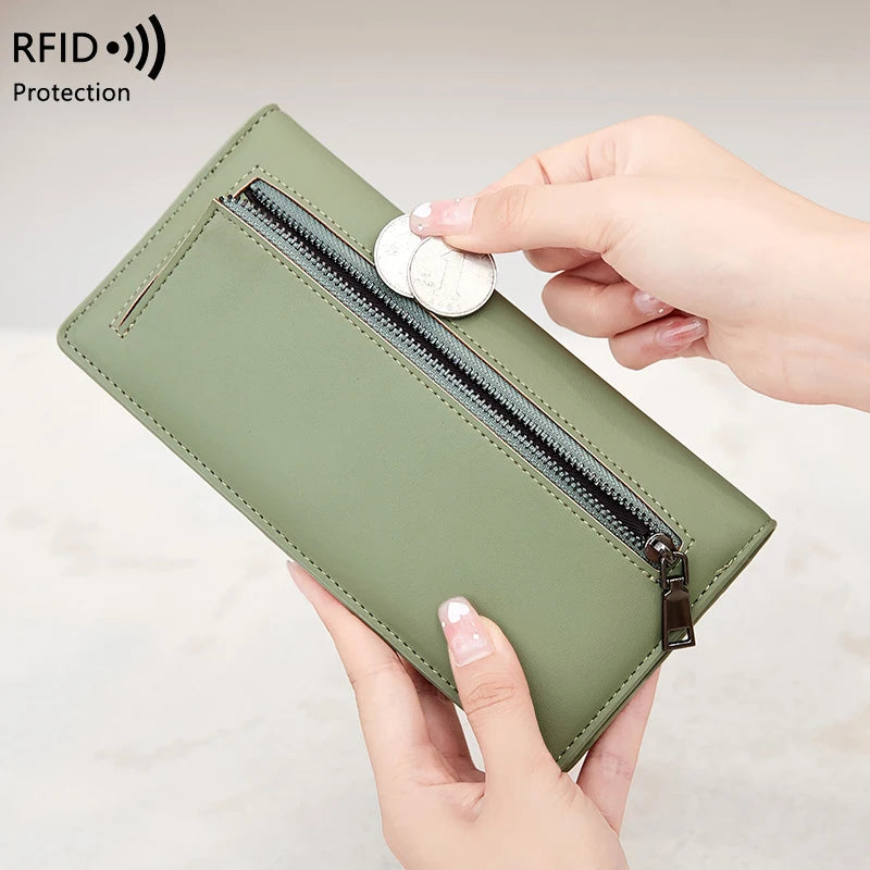 RFID Blocking Women's Long Leather Travel Wallet with Passport Holder & Card Slots