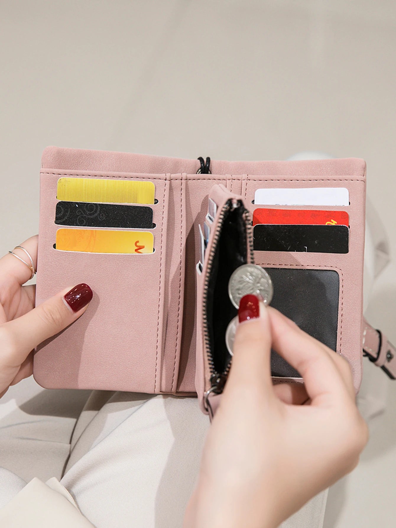 Women's Short Wallet – Minimalist Bifold Card Holder with ID Window & Wristlet