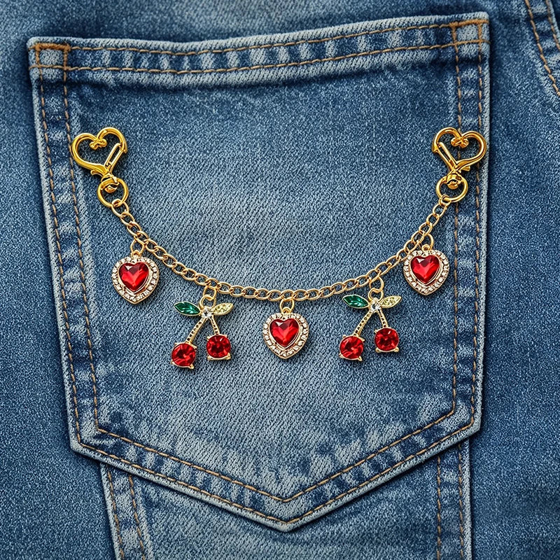 Cherry & Heart Bag Charm – Glass Stone Chain Jewelry Pendant
