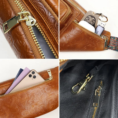 Genuine Leather Fanny Pack for Men – Floral Embossed Travel Waist Bag