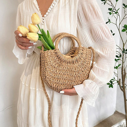 Moods Straw Handbags Women 2023 Mini Summer Beach Rattan Shoulder Bag Round Handle Handmade
