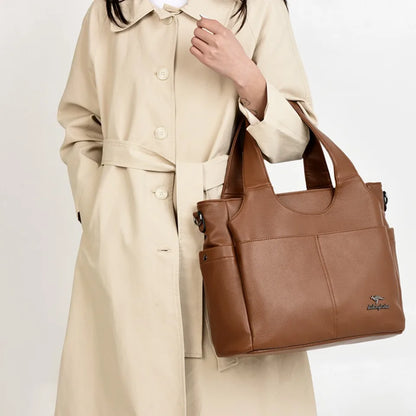 Large Leather Tote Bag – 3 Compartments, Dual Pockets, Shoulder & Crossbody