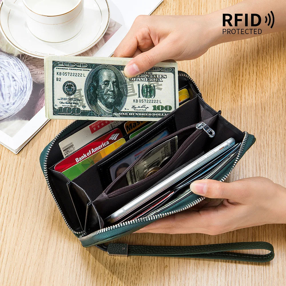 RFID Blocking Genuine Leather Long Wallet for Women