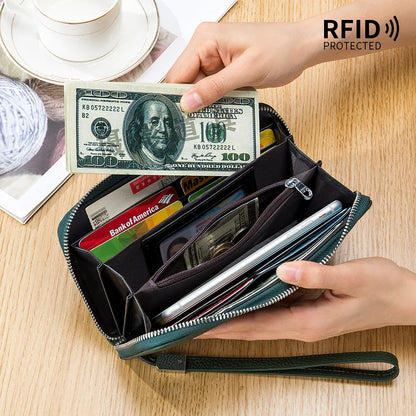 RFID Blocking Genuine Leather Long Wallet for Women