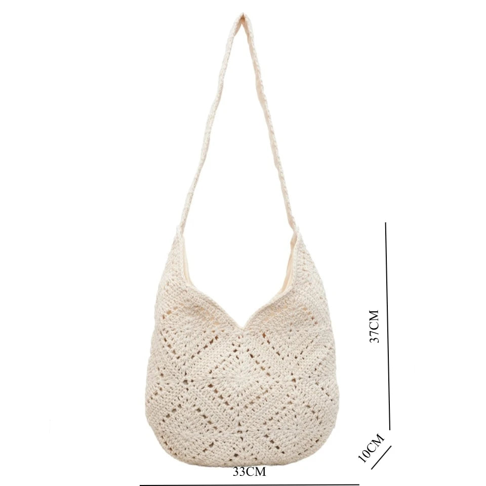 Crochet Hobo Shoulder Bag – Large Hollow-Out Woven Beach Bag