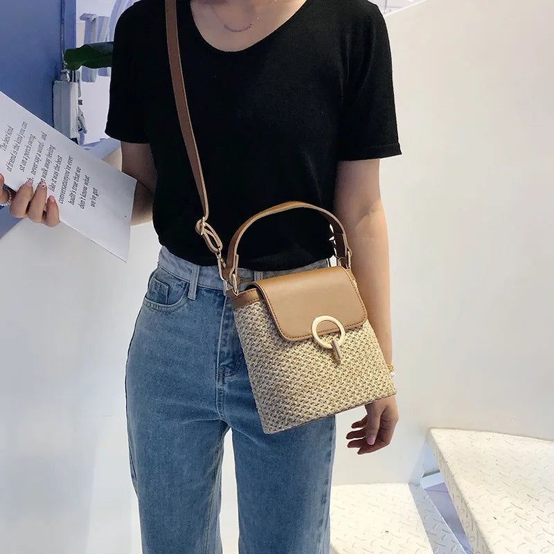 Straw Bucket Bag Women's Summer Crossbody Handbag