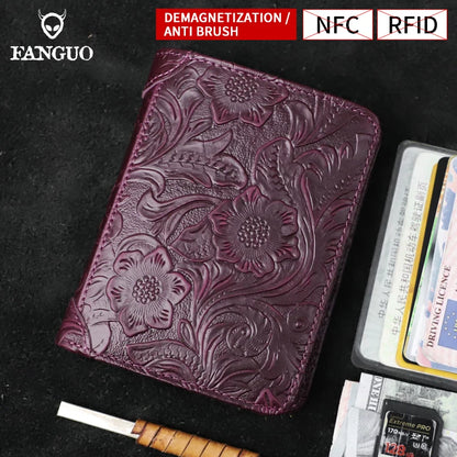 RFID Genuine Leather Men's Short Wallet – Floral Embossed Bifold