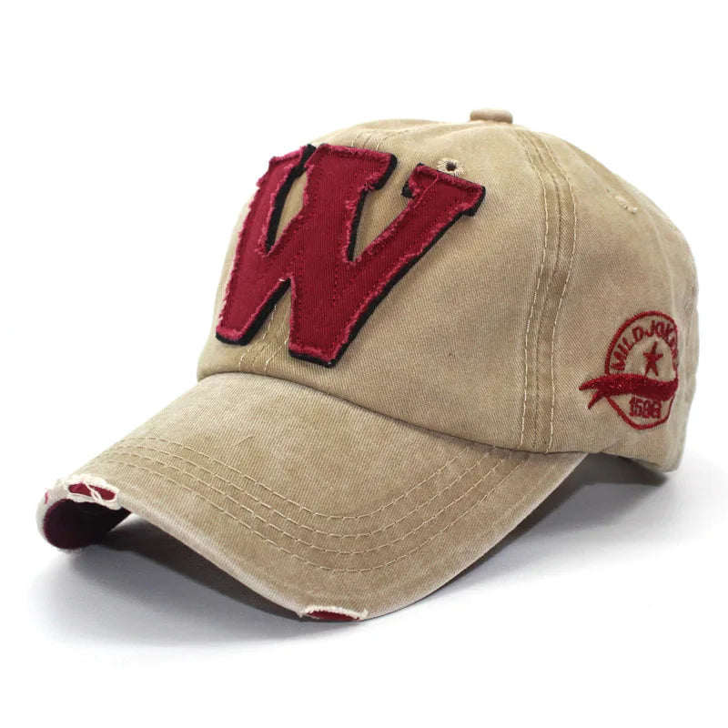 Washed Cotton Baseball Cap – Embroidered Letter W Snapback