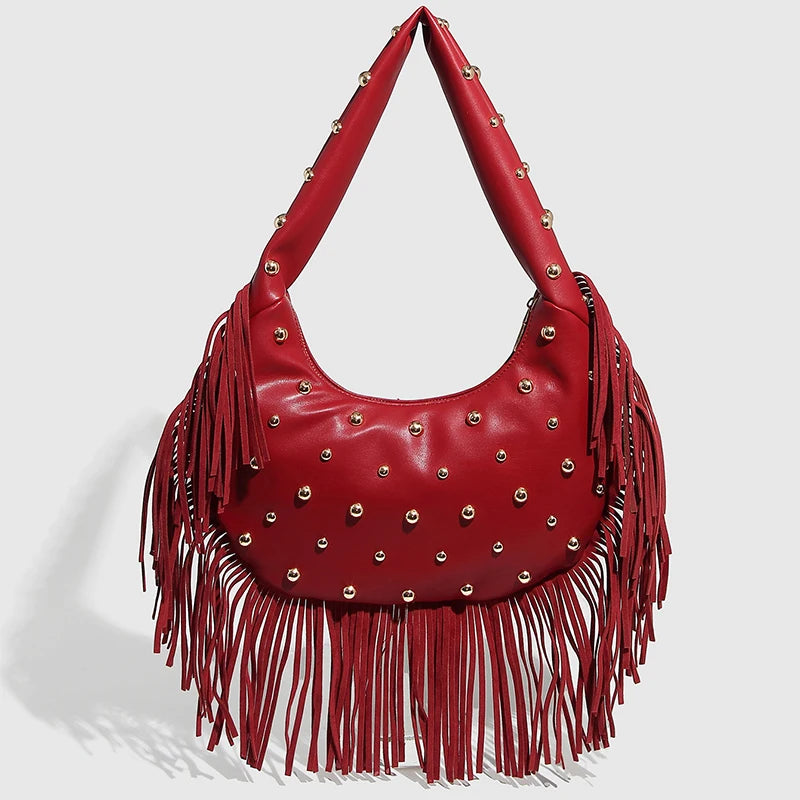 Fringe & Rivet Leather Shoulder Bag – Boho Crossbody Hobo