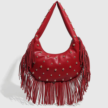 Fringe & Rivet Leather Shoulder Bag – Boho Crossbody Hobo