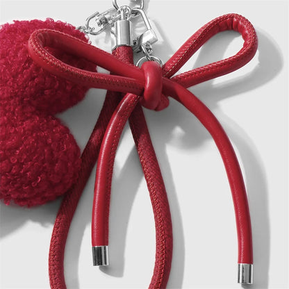 Plush Heart Keychain Bag Charm with Bow & Wrist Lanyard